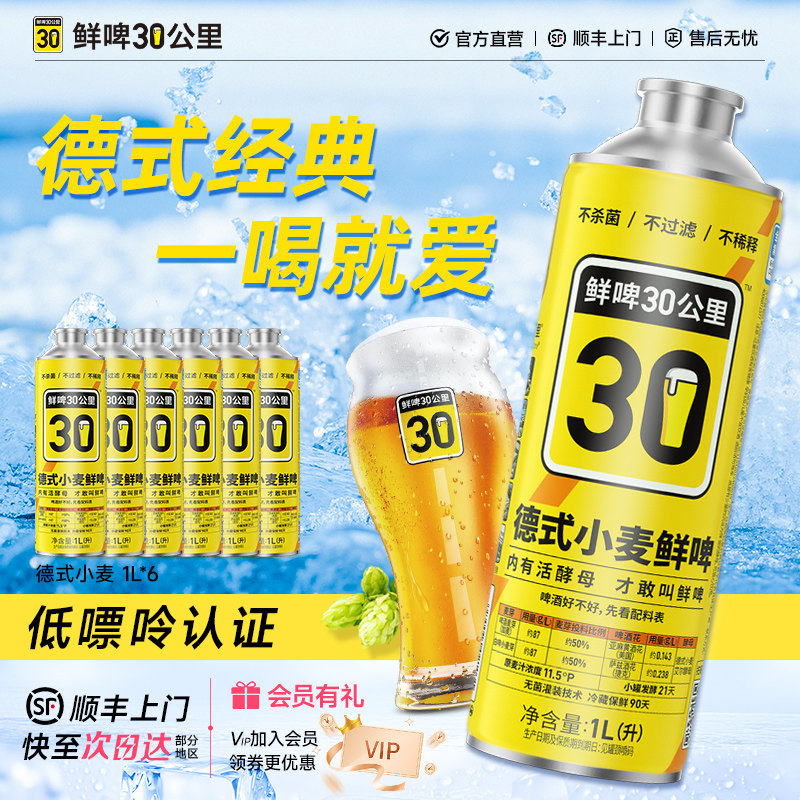 鲜啤30公里精酿啤酒整箱德式小麦白啤原浆生啤进口麦芽酒花1L*6瓶