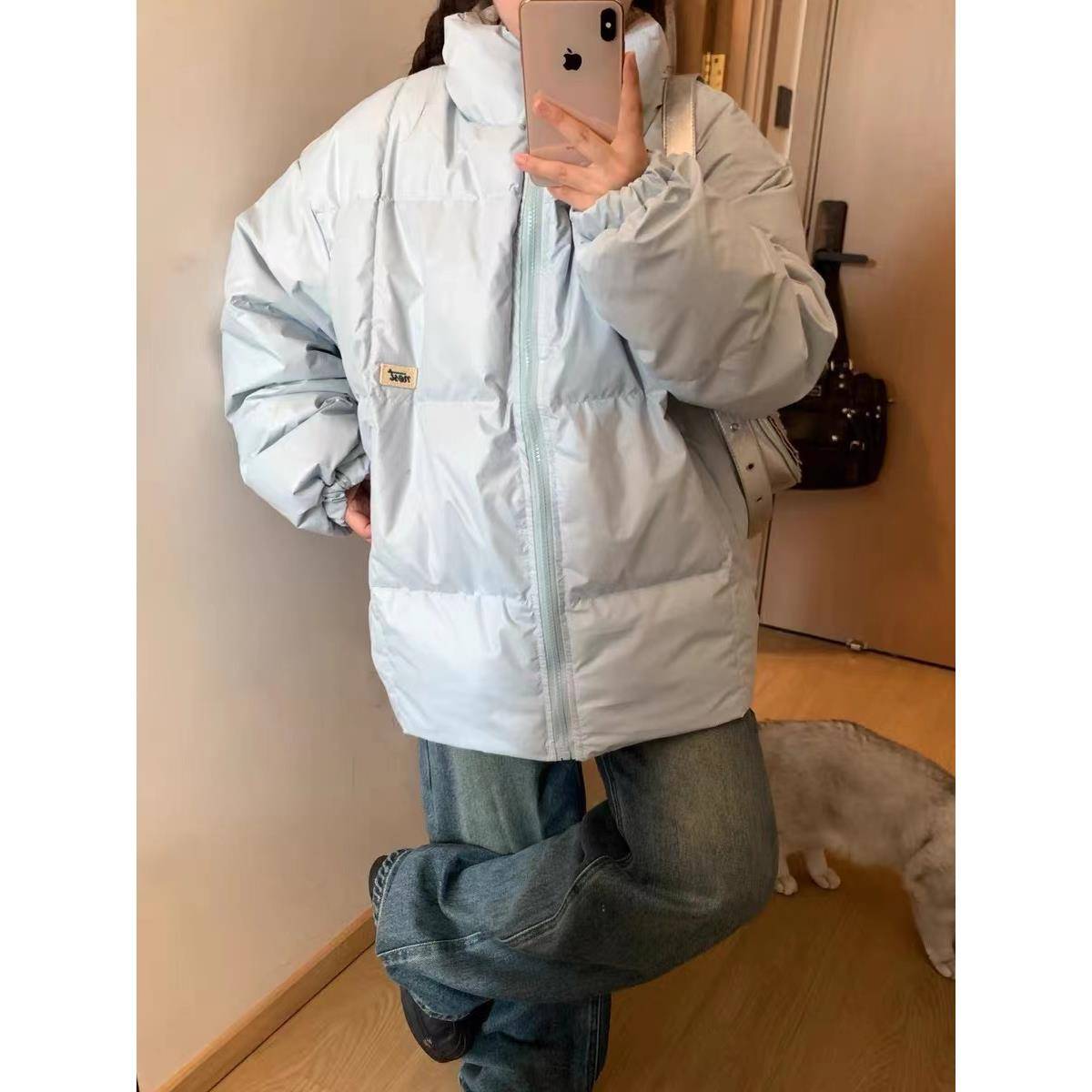 白鸭绒羽绒服女冬季新品2025韩系宽松显瘦轻薄立领保暖面包服外套