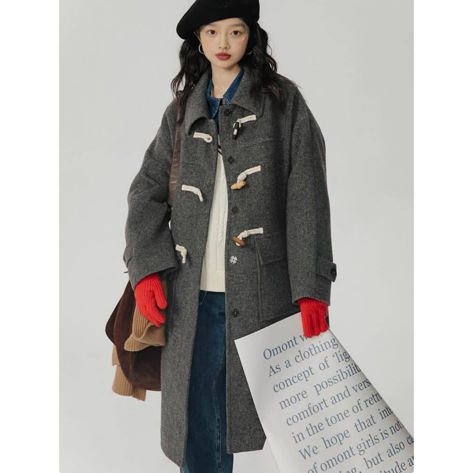 羽绒服内胆羊毛羊绒灰色牛角扣大衣女冬加厚2025新款呢子毛呢外套