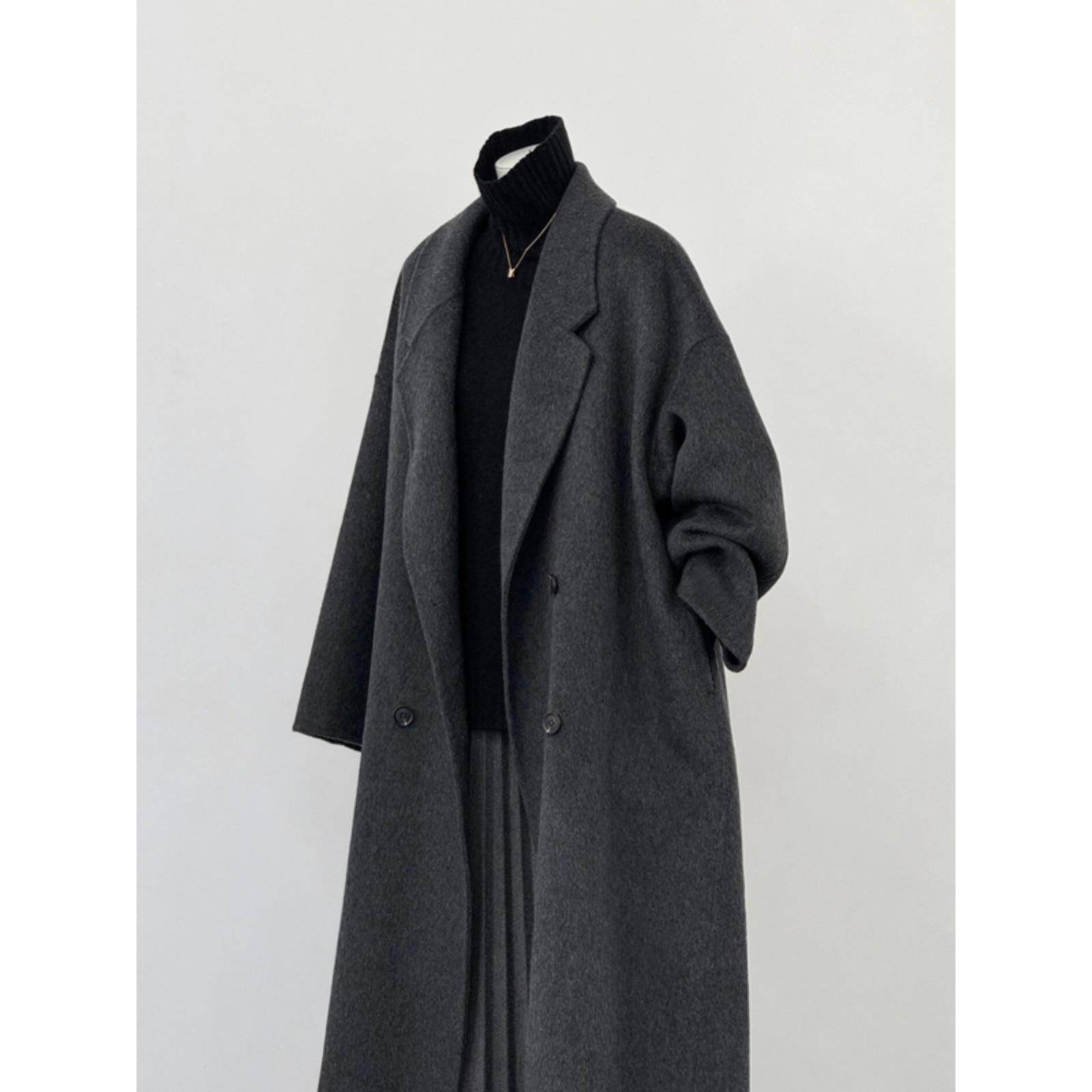深灰色双面羊绒大衣女2024秋冬新款小个子宽松高级感休闲毛呢外套