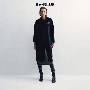 绵羊毛大衣外套 现代极简皮袢搭扣长款 BLUE轻奢优雅女装