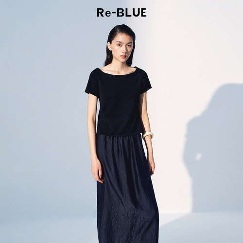 Re-BLUE一字领针织上衣气质T恤