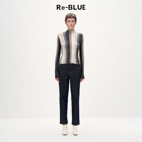 Re-BLUE时髦长袖条纹针织上衣
