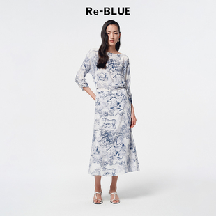 桑蚕丝印花连衣裙 BLUE轻奢优雅女装 轻中式 古典系带七分袖