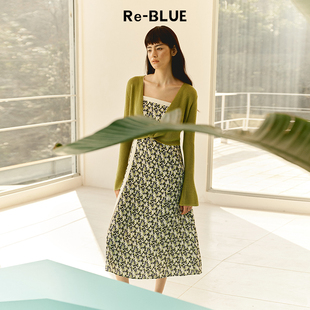 清新印花不对称设计吊带连衣裙 BLUE轻奢优雅女装