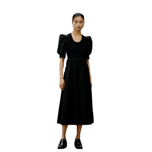 Re-BLUE轻奢优雅女装针梭拼接泡泡袖典雅连衣裙