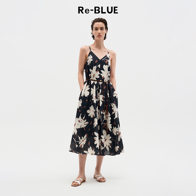 度假风V领细肩带亚麻吊带连衣裙