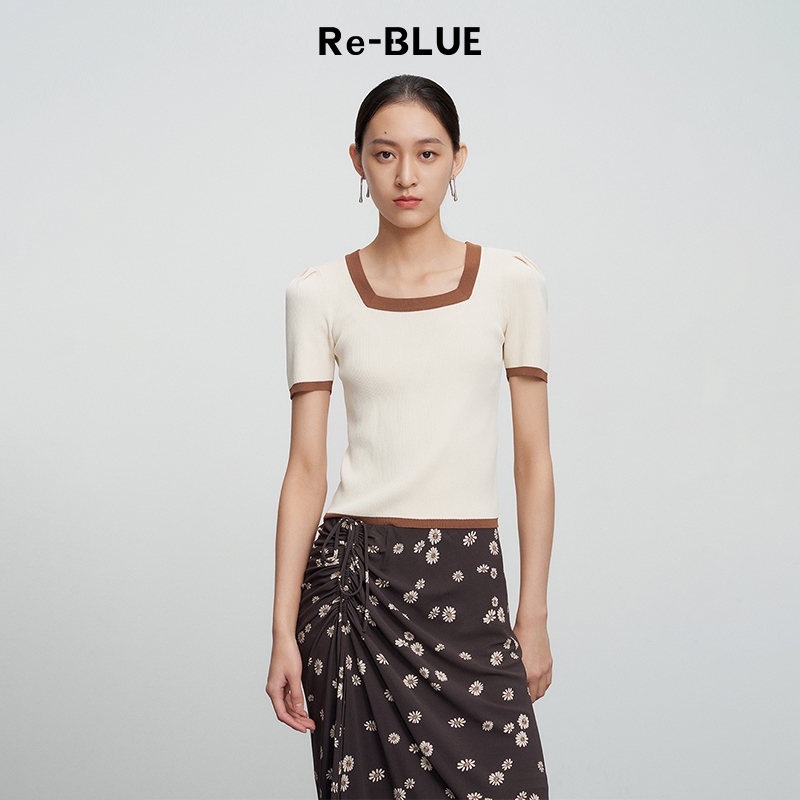 简约设计感撞色方领针织上衣