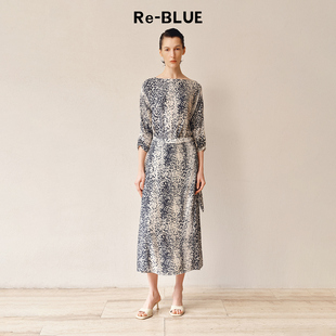 围裹式 都市优雅船领七分袖 豹纹印花连衣裙 BLUE轻奢优雅女装