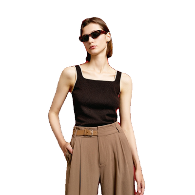 简约撞色方领无袖针织背心上衣