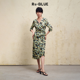 七分袖 轻松感优雅围裹式 绿意印花连衣裙 BLUE轻奢优雅女装