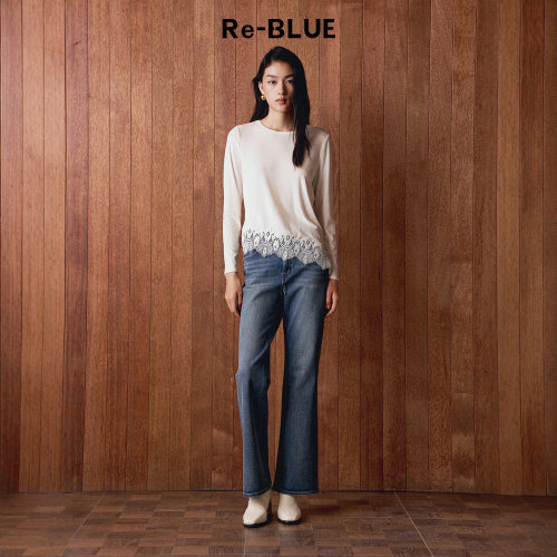 Re-BLUE丝绒小圆领长袖打底上衣