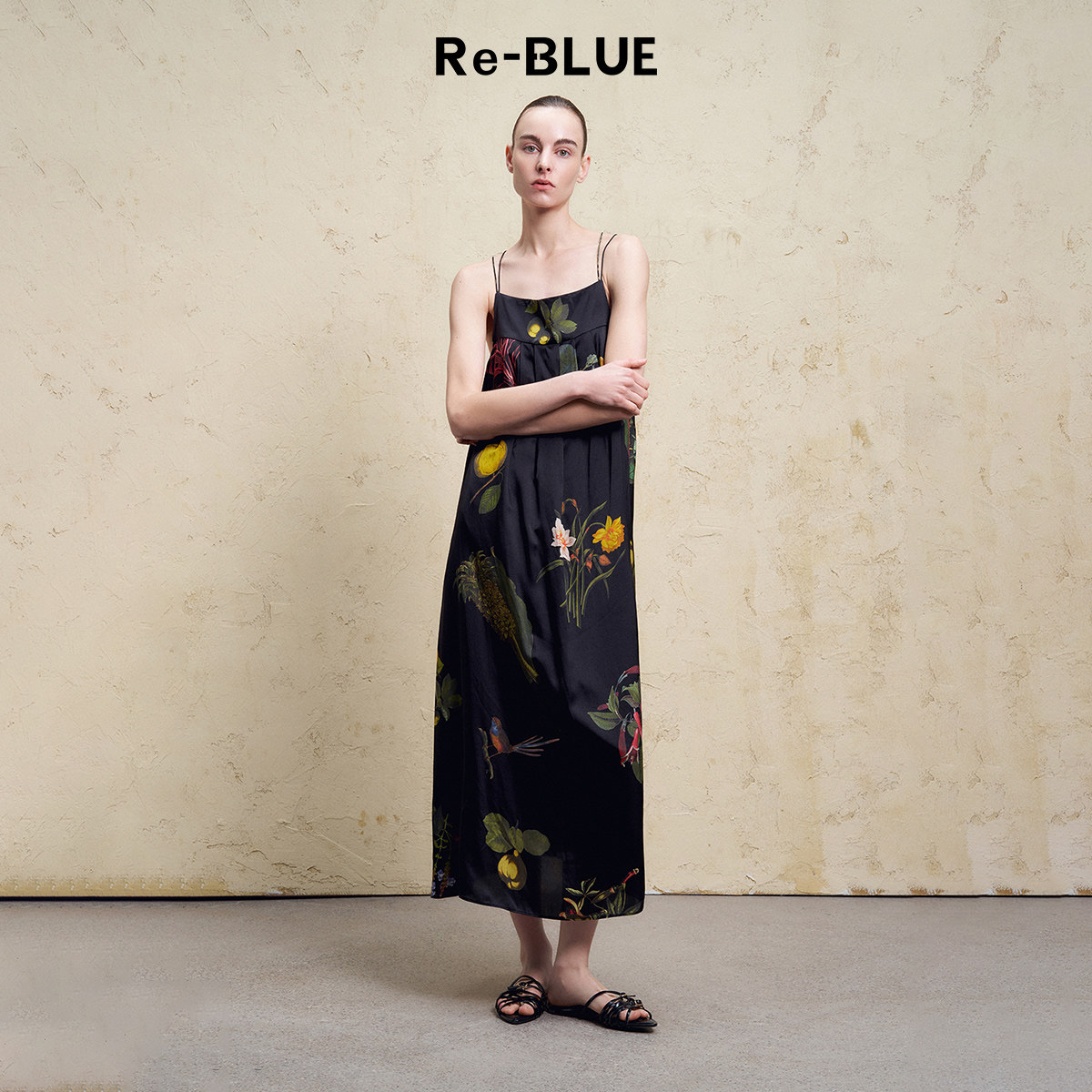 Re-BLUE轻奢优雅女装简约静奢通勤花鸟印花斜裁长款吊带连衣裙,女装/女士精品,连衣裙,淘宝优惠券,粉丝福利购,淘宝优惠卷