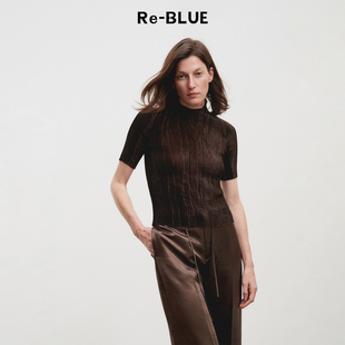 压褶T恤上衣 精致小高领中袖 BLUE轻奢优雅女装