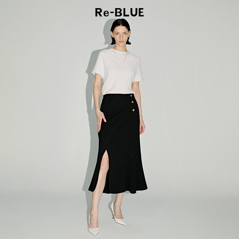 re-blue轻奢优雅女装简约时尚醋酸鱼尾不规则裙摆中长款半身裙