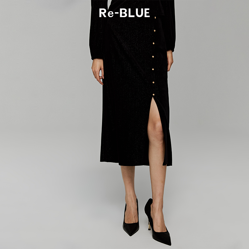 复古高级百搭经典细闪丝绒半身裙