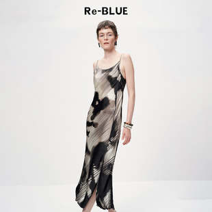 水墨晕染斜裁印花吊带连衣裙 轻中式 BLUE轻奢优雅女装