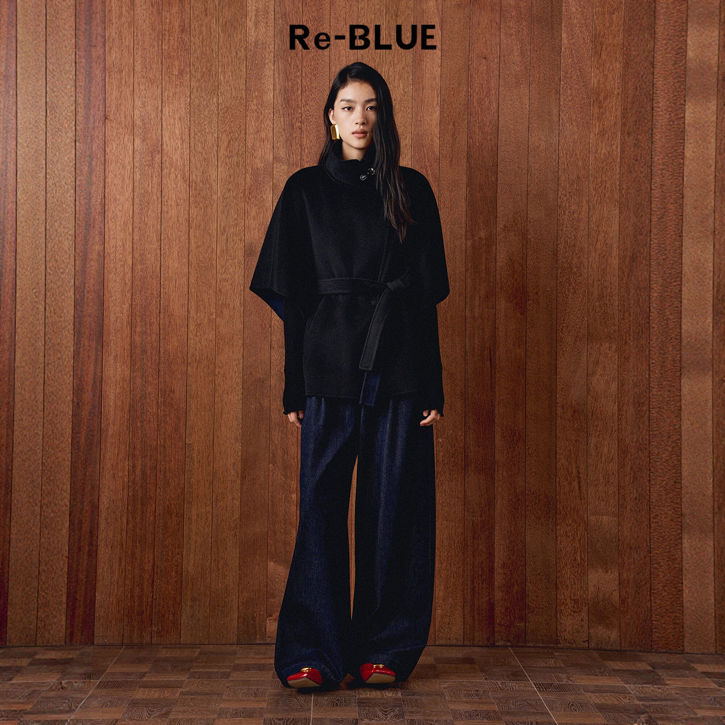 Re-BLUE轻奢优雅女装松弛微A版斗篷式高领七分袖羊毛外套毛呢大衣