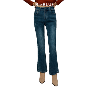 Re-BLUE轻奢优雅女装高腰微喇小开叉设计感牛仔裤