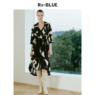 前短后长棕白花叶剪影印花大翻领连衣裙 时尚 BLUE轻奢优雅女装