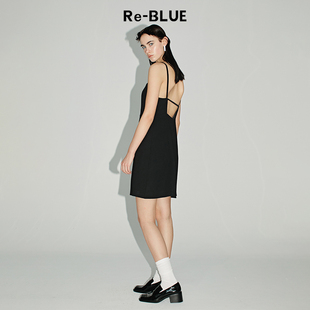 后背挖空醋酸吊带连衣裙 简约时尚 BLUE轻奢优雅女装