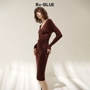 性感V领侧抽绳修身 时尚 绵羊毛混纺针织连衣裙 BLUE轻奢优雅女装