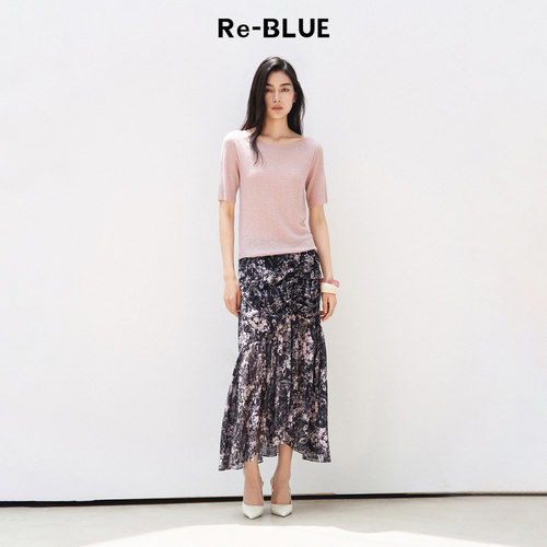 Re-BLUE法式立体抽褶印花半身裙