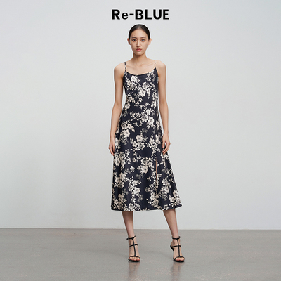 浪漫蔷薇收腰印花吊带连衣裙