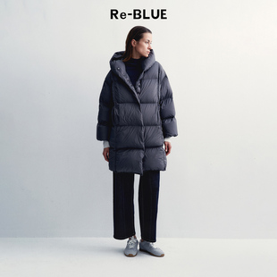 连帽羽绒服 舒适轻盈保暖茧型90白鹅绒中长款 BLUE轻奢优雅女装