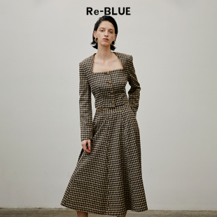 短外套 复古感格纹方领法式 BLUE轻奢优雅女装