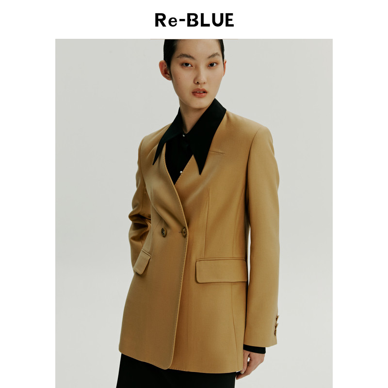 re-blue轻奢优雅女装休闲知性气质通勤日常羊毛混纺无领西装外套