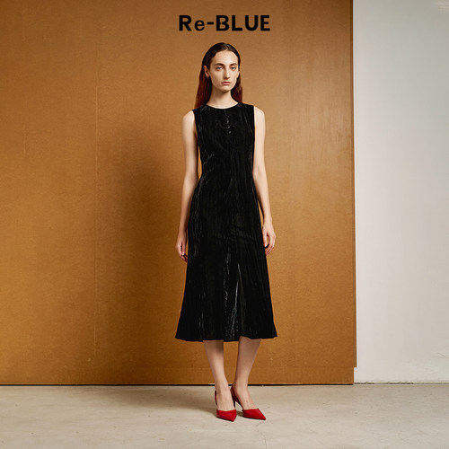 Re-BLUE2024黑色高级感A摆连衣裙