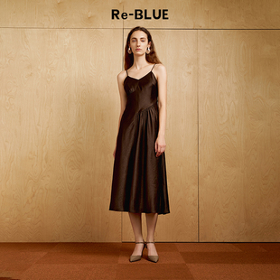 复古缎面V领不对称吊带连衣裙 BLUE轻奢优雅女装