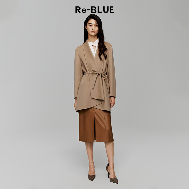re-blue轻奢优雅女装气质翻领系带双面呢羊毛驼绒中长款大衣