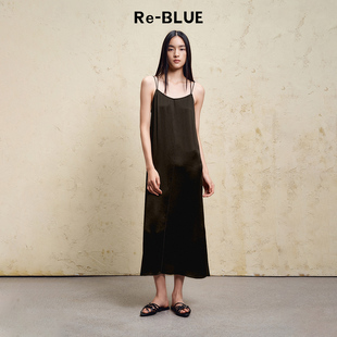 静奢老钱风简约舒适百搭缎面直身吊带连衣裙 BLUE轻奢优雅女装