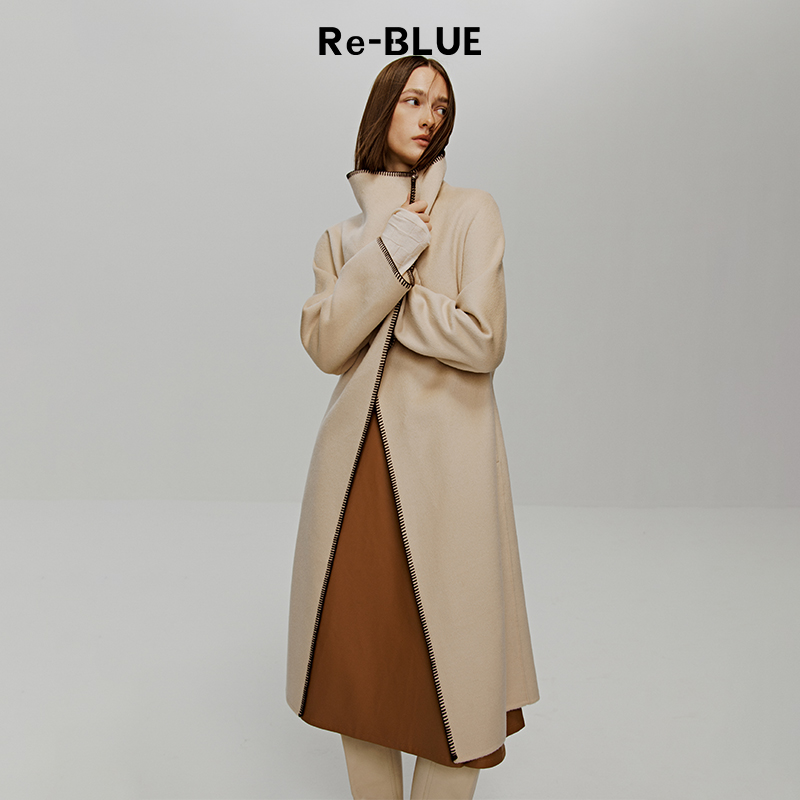 钩边羊毛蚕丝混纺长款双面呢大衣