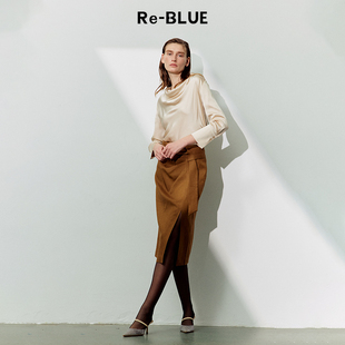 美拉德醋酸仿麻抽褶系带半身裙 BLUE轻奢优雅女装