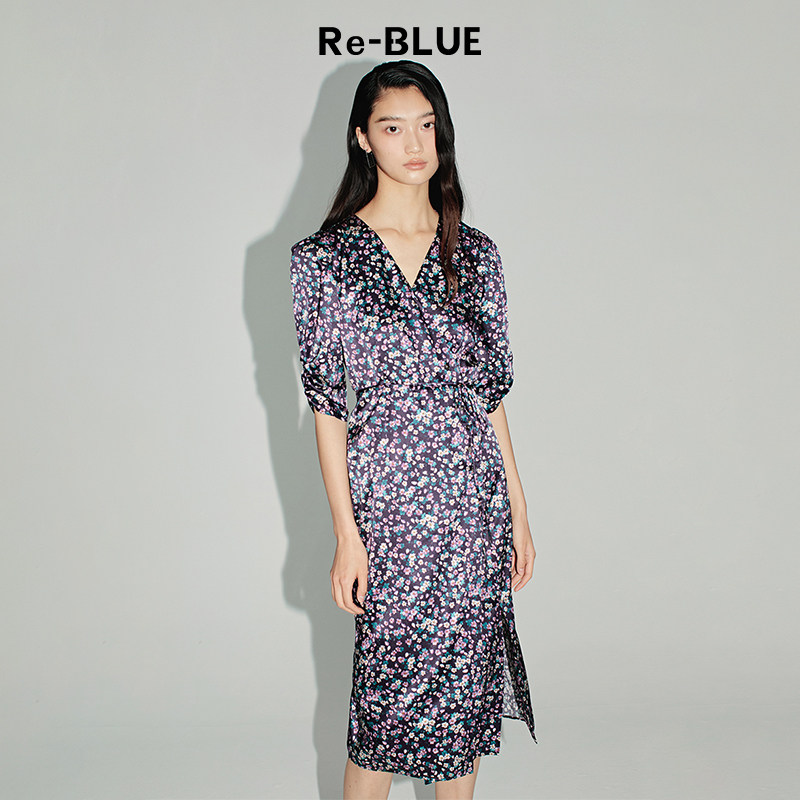 re-blue轻奢优雅女装法式优雅清新碎花泡泡袖茶歇裙连衣裙