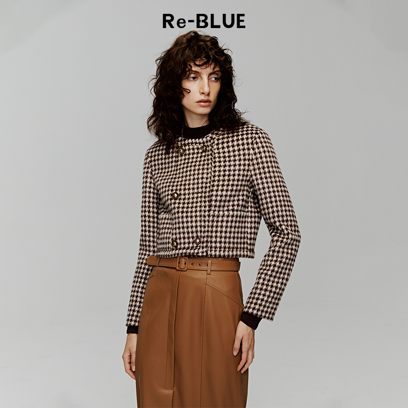 千鸟格圆领香风羊毛羊驼毛短外套