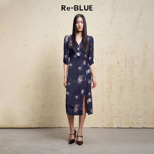 夜幕玫瑰印花连衣裙 气质内敛七分袖 BLUE轻奢优雅女装