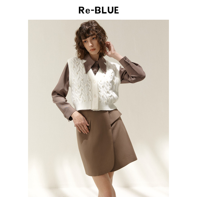re-blue轻奢优雅女装休闲文艺珍珠点缀v领绞花开衫马甲背心针织衫