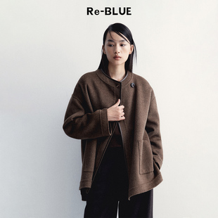 Re-BLUE轻奢优雅女装复古高智感皮料包边一手长廓形感大衣外套