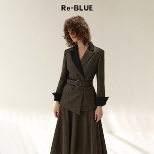 外套 撞色格纹西装 BLUE轻奢优雅女装