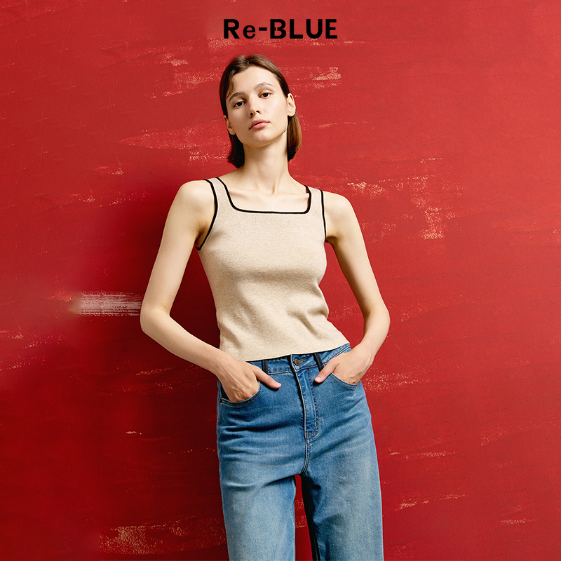 简约撞色方领无袖针织背心上衣