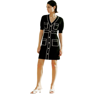 Re-BLUE轻奢优雅女装简约通勤二维效果粗线条撞色针织V领连衣裙