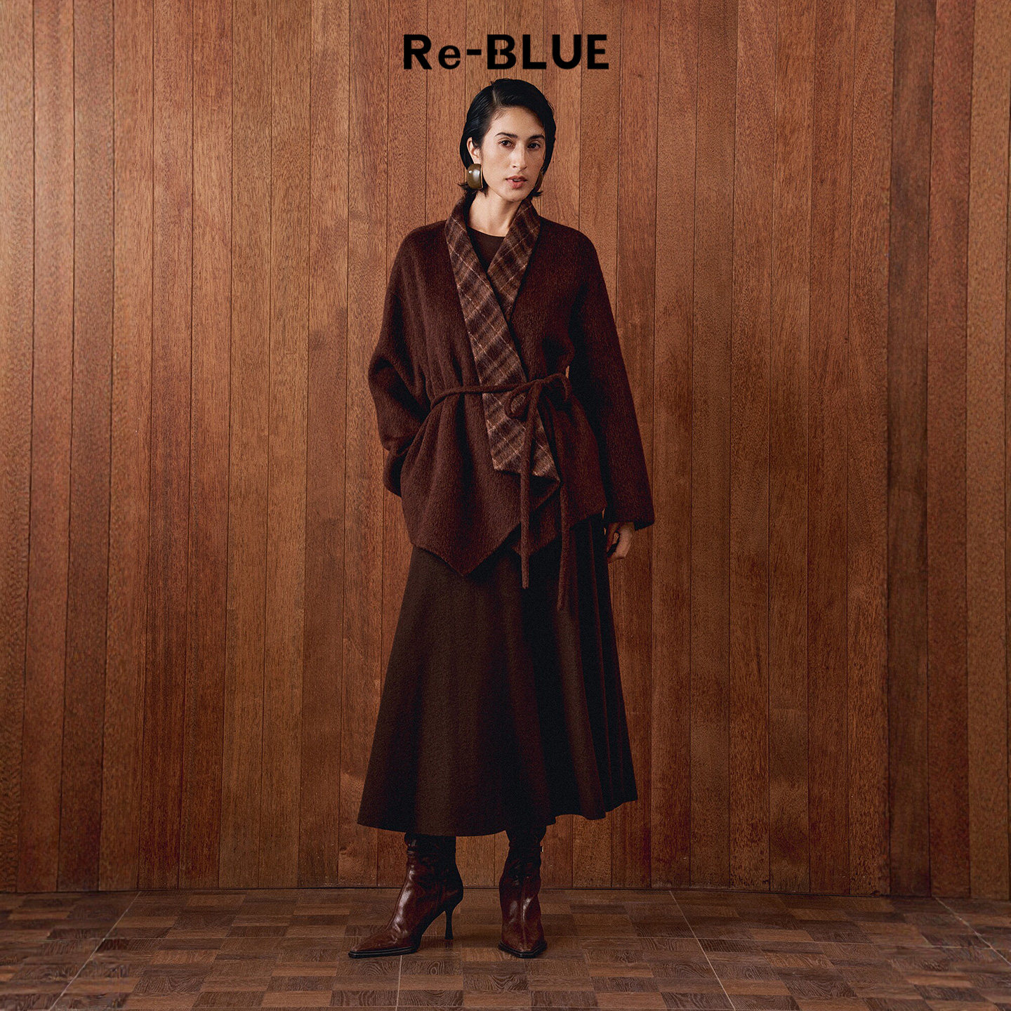 Re-BLUE轻奢优雅女装复古摩登格纹大翻领一手长双面呢大衣外套