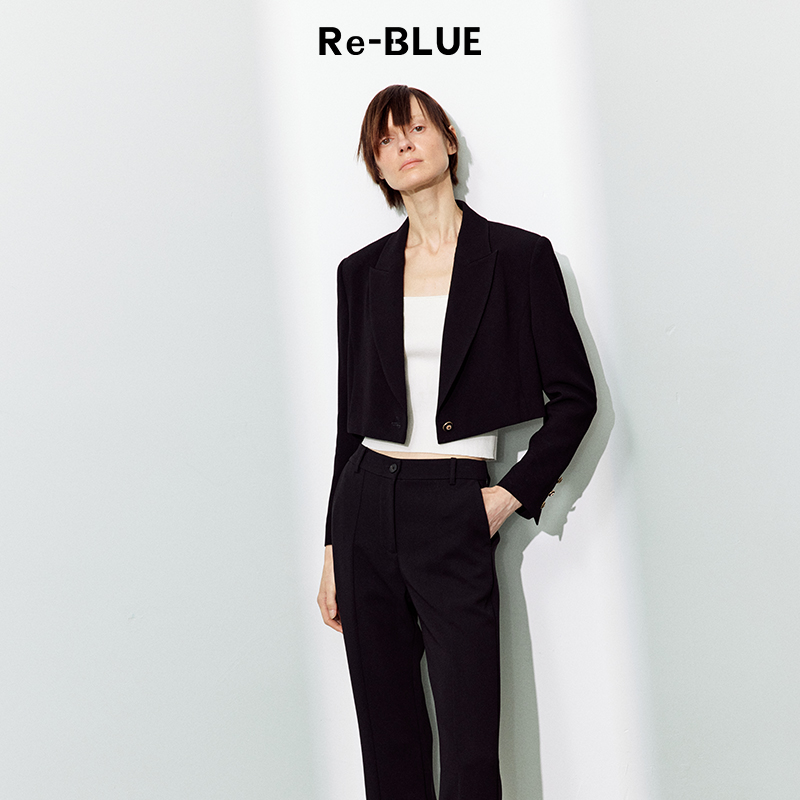 黑色通勤西装领截短外套