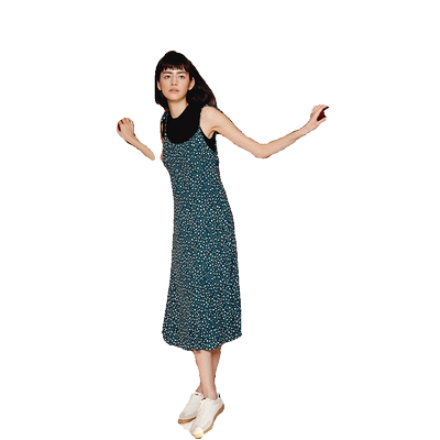 墨绿色豹纹印花小A摆吊带连衣裙