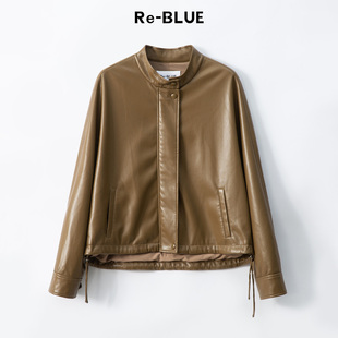 皮夹克外套气质通勤上衣 复古时髦立领长袖 BLUE轻奢优雅女装