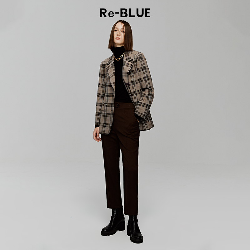 Re-BLUE轻奢优雅女装宽松廓形格纹西装外套